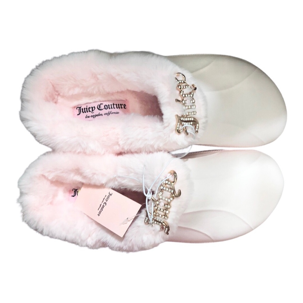 Juicy Couture pink faux‎ fur juicy monogram emblem croc style clog shoes size 10